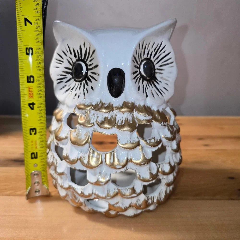 Hobby Lobby White Ceramic Owl Candle Holder Gold Accents Fall 2022 HL9182185